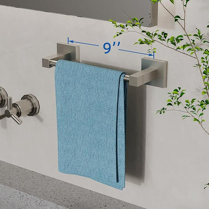RUACQ Hand Towel Holder, 9-inch Hand Towel Bar, Square Base Towel Ring, 304 Stainless Steel Towel Rack for Bathroom, Wall Mounted (Brushed Nickel)
