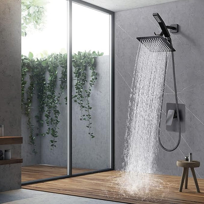 All Metal Shower Faucet Set, Dual Square Shower Head System with Handheld Wand, Diverter, Hose Complete Combo, Pressure Balance Rough-in Valve Included (Oil Rubbed Bronze）