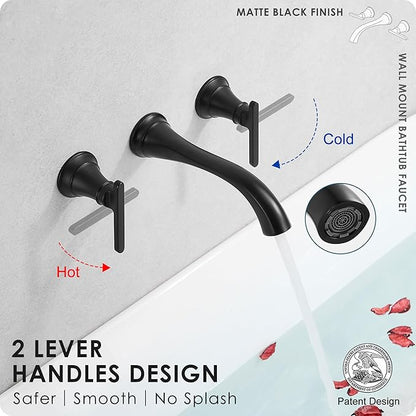 Brass Tub Filler Wall Mount 3 Hole, Farmhouse Black Tub Faucet, High Pressure 2 Handle Matte Black Bathtub Faucet Set with Long Spout Reach, Rough-in Valve