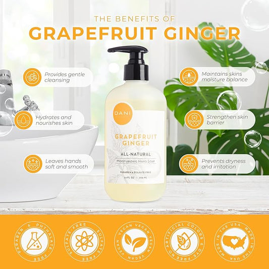 DANI Naturals Moisturizing Hand Soap – Grapefruit Ginger Scent, Hydrating, Sulfate-Free & Paraben-Free, 12 Oz Bottle with Pump, Gentle Cleansing for Dry Skin