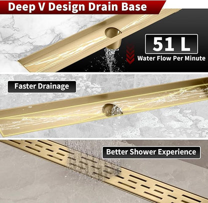 Sharp-tec Linear Shower Drain, 32 inch Shower Drain with Removable Pattern Cover, Brushed Gold 304 Stainless Steel Rectangle Floor Drain, Adjustable Feet and Hair Strainer Included (Model 101)