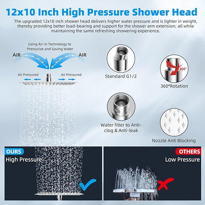 Hibbent All Metal cUPC Certified Rain Shower Head, 12'' High Pressure Rainfall Showerhead with 16" Shower Head Extension Arm, Solid Brass Adjustable Shower Arm Extender, fixed Showerheads, Chrome