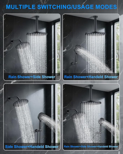 Shower System with Pressure Balance Valve, 10" Ceiling Mount Shower Faucet Set with 2 Rain Shower Head And Multi-function Handheld Head Push Button Diverter Pressure Balancing Valve Kit, Matte Black