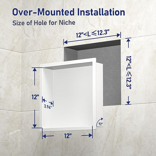 Stainless Steel Shower Niche 12" X 12" White No Tile Needed Niche Shower Recessed Wall Niches for Bathroom Storage Over Mount Installation