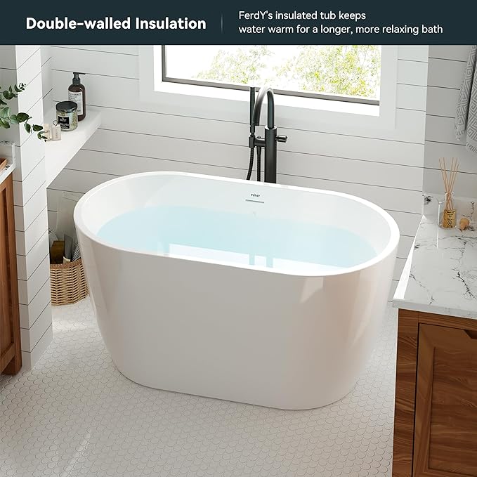 FerdY 47" Bali Acrylic Freestanding Bathtub with Headrest, Gracefully Shaped Soaking Bathtub, cUPC Certified, Toe-Tap Brushed Nickel Drain& Minimalist Linear Design Overflow& Bathtub Pillow Included