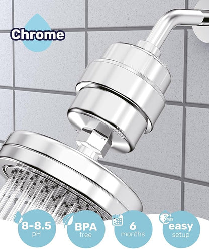 Wamery Shower Head Filter for Hard Water - Alkaline Multi‑Stage Inline Filter, Helps Reduce Chlorine & Odors, Universal 1/2‑Inch Fit, Easy Install, Extra Cartridge Included, Chrome