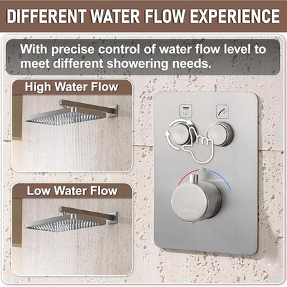 Thermostatic Shower Valve/System 12 inches Nickel Brass Faucet Set With Diverter/Mixer With Handheld Rain Head High Pressure Modern Rainfall