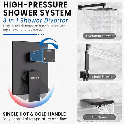 Wall Mounted Shower Faucet Set, Shower System with Tub Spout, 12 Inch Rainfall Shower Head with Handheld Spray, Waterfall Tub Spout Bathtub Faucet, Black