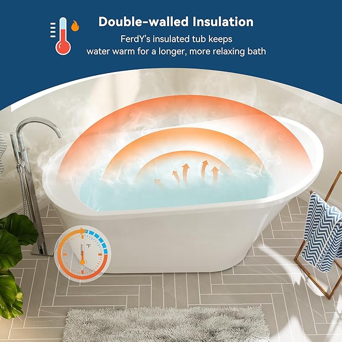 FerdY Langkawi 59" Acrylic Freestanding Bathtub, White Modern Stand Alone Soaking Bathtub, cUPC Certified, Brushed Nickel Drain and Minimalist Linear Design Overflow Included, Easy to Install, 02568T