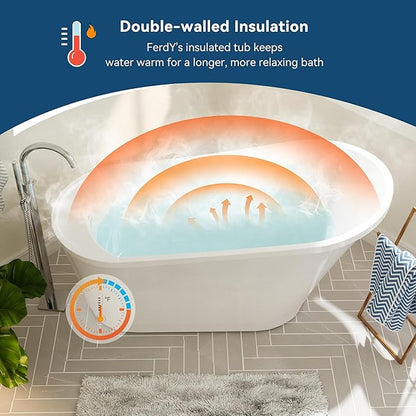 FerdY Langkawi 59" Acrylic Freestanding Bathtub, White Modern Stand Alone Soaking Bathtub, cUPC Certified, Brushed Nickel Drain and Minimalist Linear Design Overflow Included, Easy to Install, 02568T