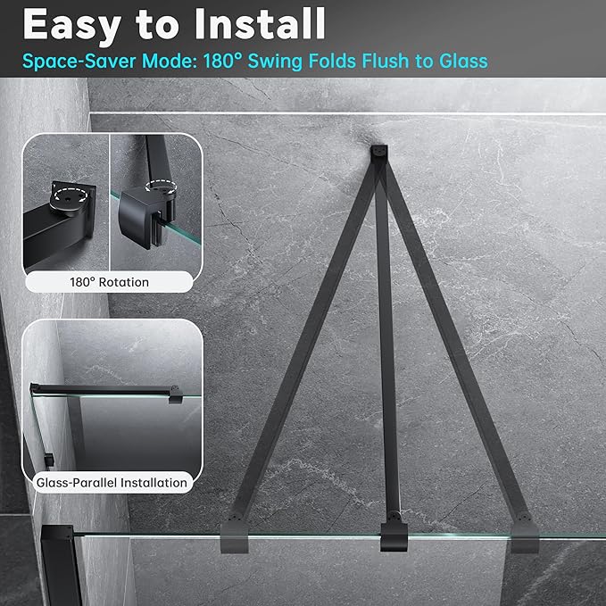Frameless Shower Door Support Bar, Stainless Steel Wall-to-Glass Support Arm to Fixed Shower Glass Panel, for 1/4"-3/8" (6-10 mm) Door, 180° Pivot & Stow-Flat Mode (Matte Black, 35.4-inch(900mm))
