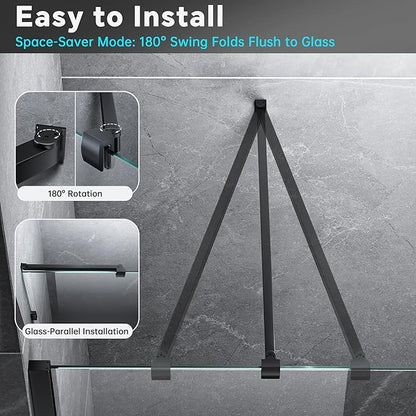 Frameless Shower Door Support Bar, Stainless Steel Wall-to-Glass Support Arm to Fixed Shower Glass Panel, for 1/4"-3/8" (6-10 mm) Door, 180° Pivot & Stow-Flat Mode (Matte Black, 23.6-inch(600mm))