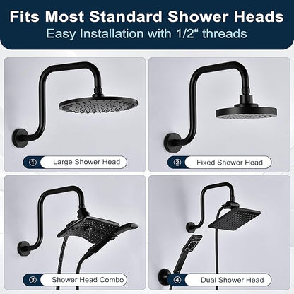BRIGHT SHOWERS Shower Head Extension Arm 13 Inch S Shaped Gooseneck Shower Riser with Flange, Long Stainless Steel Rainfall Shower Pipe Arm Extender and Shower Neck Replacement, Matte Black