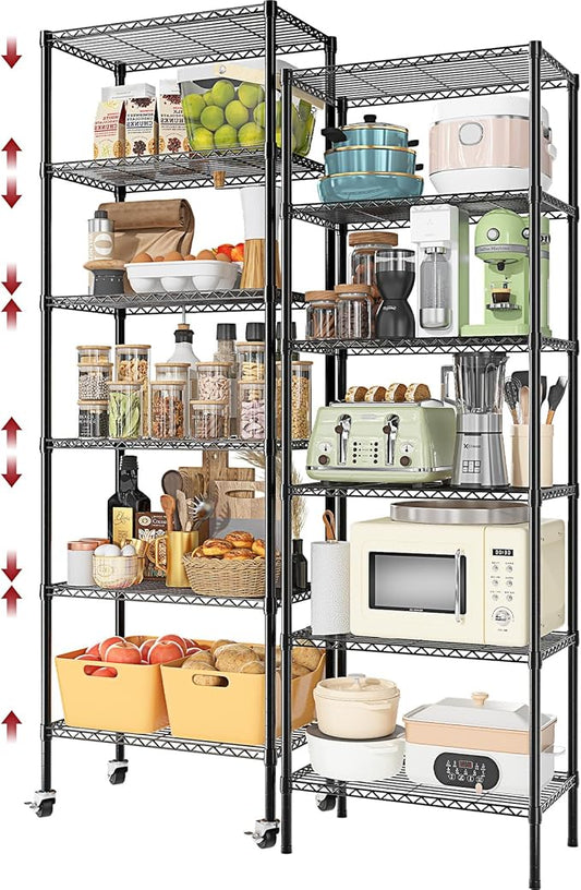 2 PACK 750 lbs Capacity Heavy Duty Garage Wire Rack Shelving, Adjustable 6-Shelf Metal Shelving with Wheels, 14"D x 24"W x 71"H Space-Saving Rolling Storage Shelves for Closet, Kitchen & Garage, Black