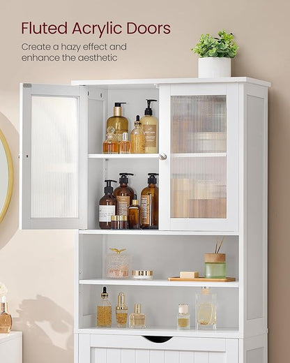 VASAGLE Storage Cabinet, Freestanding Storage Unit with Adjustable Shelves, Drawer, Open Compartments, for Bathroom, Living Room, Kitchen, Cloud White UBBC768WH01S