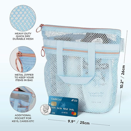 Mesh Shower Bag 10.2x9.9'' Quick-Dry Caddy with Zipper & 2 Pockets. Portable Toiletry Tote for Bathroom, Gym, Travel, Camp, Beach, for Sunscreen, Dorm & College Essentials (Blue)