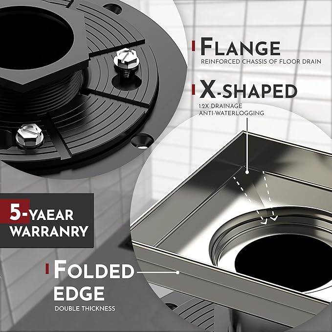 WEBANG 6 Inch Square Shower Drain Nickel Floor Drain with Flange Reversible 2-in-1 Cover Tile Insert Grate Removable SUS304 Stainless Steel CUPC Certified Brushed Nickel