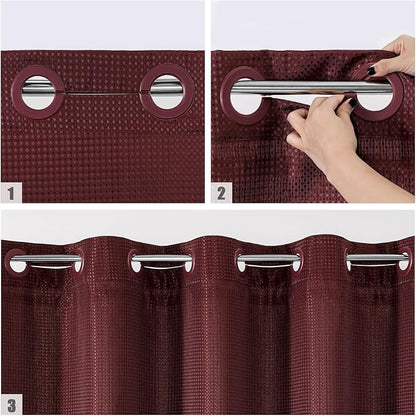 MitoVilla No Hooks Needed Burgundy Waffle Shower Curtain Liner Set, Modern Waffle Weave Heavy Duty Fabric Cloth Shower Curtain with Snap-in Liner for Luxury Neutral Hotel Spa Bathroom Decor