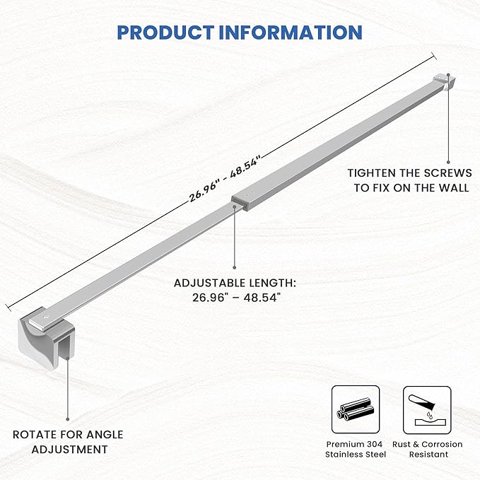 Shower Door Glass Support Bar, 26.96" to 48.54" Adjustable Stainless Steel Wall-to-Glass Shower Stabilizer Rod for 1/4", 5/16", 3/8", Chrome