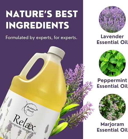 Relax Massage Oil for Massage Therapy | Professional Quality Oil with Lavender, Peppermint & Marjoram | All Natural, Non-Greasy, Smooth Glide | Large 1 Gallon Size with Pump by Brookethorne Naturals