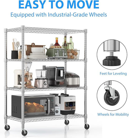 Homdox 4 Tier Heavy Duty Metal Shelves for Storage, Storage Racks and Shelving with Wheels, Commercial Adjustable Wire Shelving Unit, Garage Rack Pantry Shelves Kitchen Shelving, Chrome