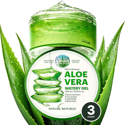 Nature Republic MILD & MOISTURE ALOE VERA WATERY GEL (3 PCS) Quick Hydration & Moisturizing,fast absorbing non-sticky texture,korean skin care for Face,Hair,Sunburn relief, aftershave, all Skin Types