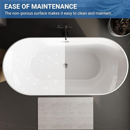 Freestanding Bathtub 59 Inch Oval Acrylic Soaker Tub – Flared-Edge Free Standing Bathtub with Gray Exterior White Interior, Chrome Drain & Overflow