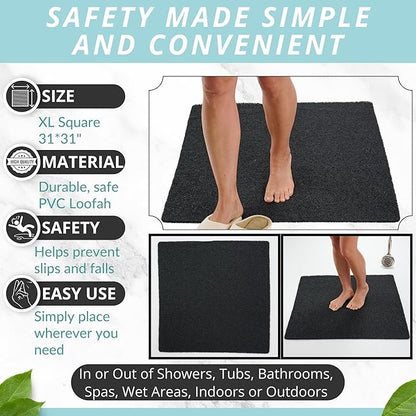 ENKOSI Square Shower Mat - Non Slip Shower Mats for Inside Shower - Extra Large 31x31 Shower Floor Mat Non Slip - Square Bath Mat for Shower - Secure Anti Slip Loofah Shower Bath Mat (31x31 Black)