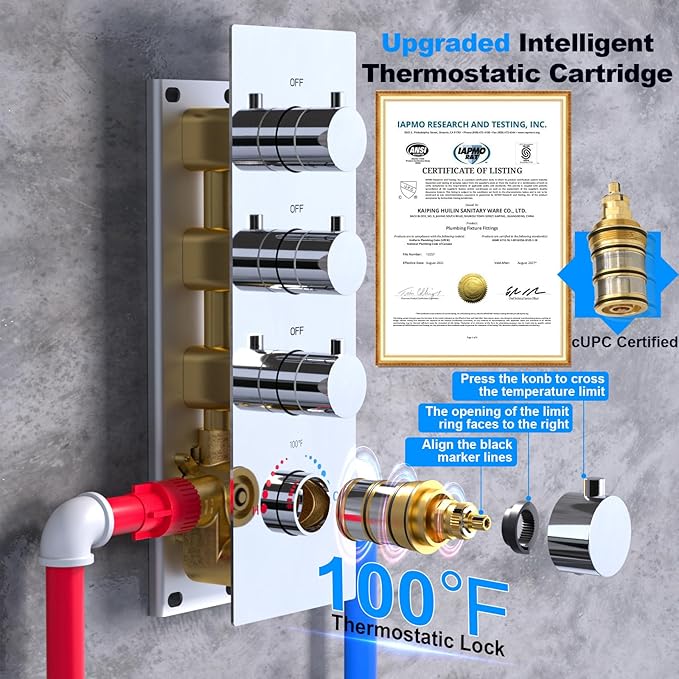HOMEDEC 3-way Brass Thermostatic Shower Diverter, 4 Handle Flow Control Valve, 3/4 inch Inlet can Run Simultaneously, Chrome