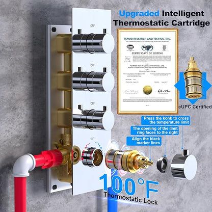 HOMEDEC 3-way Brass Thermostatic Shower Diverter, 4 Handle Flow Control Valve, 3/4 inch Inlet can Run Simultaneously, Chrome