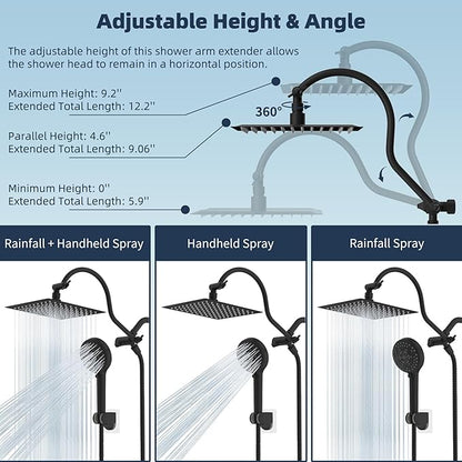 Hibbent All Metal CUPC Certified Shower Head, 8'' High Pressure Rainfall Shower Head, Handheld Showerhead Combo, 12'' Adjustable Extension Arm, 10 Sprays, 71'' Hose, Shower Holder, Matte Black