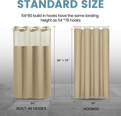 Beige Stall No Hook Shower Curtain with Snap in Liner,230GSM Waffle Weave Shower Curtains for Bathroom,54W x 80H