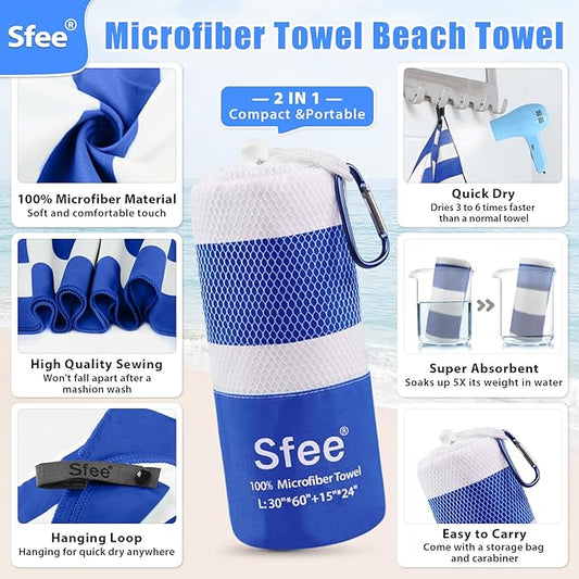 Sfee 2 in 1 Microfiber Oversized Beach Towel, Quick Dry Towel Travel Camping Towel Super Absorbent Compact Lightweight Sports Gym Towels for Beach,Gym, Hiking, Pool, Backpacking, Bath, Yoga