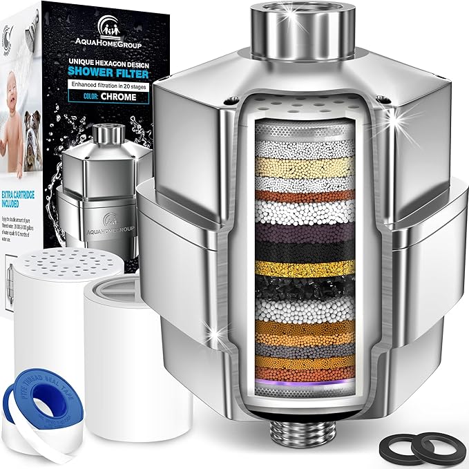 AquaHomeGroup 20 Stage Shower Filter for Hard Water - High Output Universal Shower Head Filter for Chlorine, Fluoride, Heavy Metals - Vitamin C E Shower Water Filter for Hair and Skin (Chrome)
