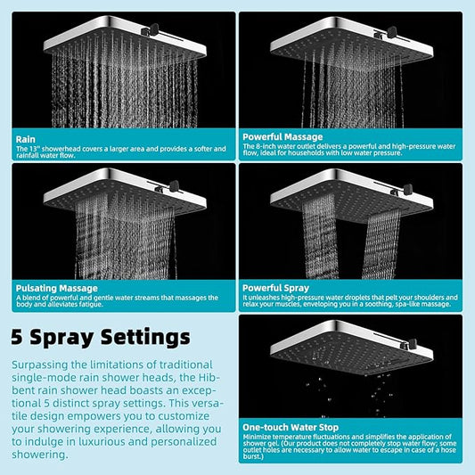 Hibbent Rain Filtered Shower Head, 13'' High Pressure Rainfall 5 Modes Showerhead with 16" Shower Head Extension Arm, Solid Brass Adjustable Shower Arm Extender, 20 Stage Shower Filter, Chrome