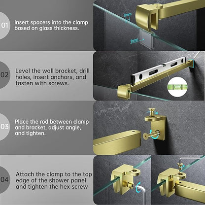 Frameless Shower Door Support Bar, Stainless Steel Wall-to-Glass Support Arm to Fixed Shower Glass Panel, for 1/4"-3/8" (6-10 mm) Door, 180° Pivot & Stow-Flat Mode (Brushed Gold, 35.4-inch(900mm))