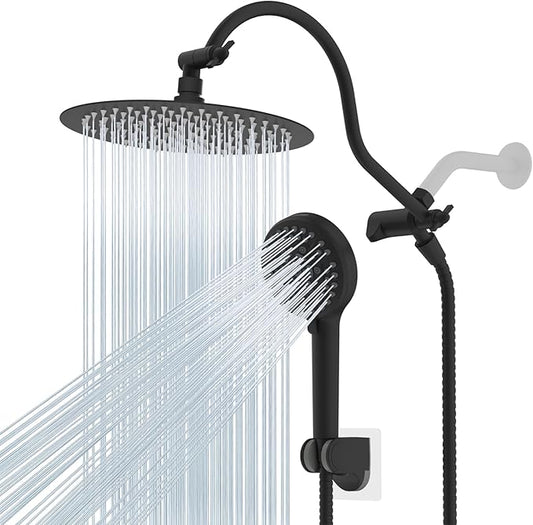 Hibbent All Metal CUPC Certified Shower Head, 10'' High Pressure Rainfall Shower Head, Handheld Showerhead Combo with 12'' Adjustable Extension Arm, 10-Spray, 71'' Hose, Shower Holder, Matte Black