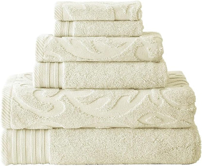 Modern Threads 6 Piece Jacquard/Solid Towel Set-Medallion Swirl Ivory