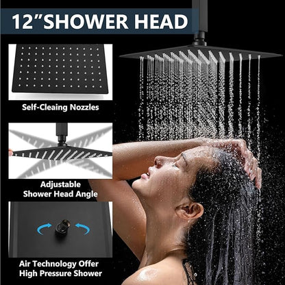 Aolemi Shower Faucet Set Ceiling Mount Shower System Rough-in Valve and Shower Trim Kit 12 and 6 Inch Dual Shower Head 2 in 1 Handheld Spray Push Button Diverter Matte Black