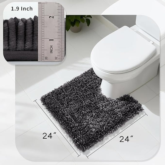 Yimobra Toilet Rugs U Shaped Washable, Extra Thick Soft Absorbent Chenille Contour Bathroom Rugs for Toilet 24x24 Inch, Quick Dry Non Slip Toilet Mat for Bath Floor, Dark Grey