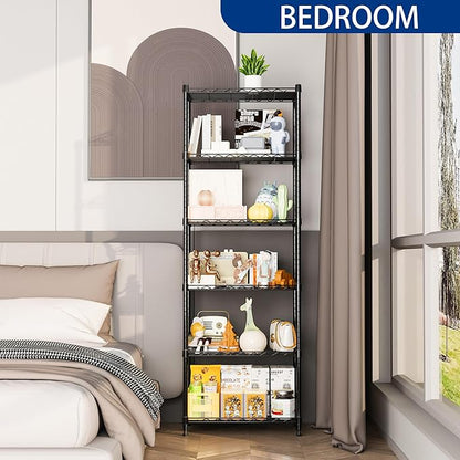 REGILLER 6 Wire Shelving Steel Storage Rack Adjustable Unit Shelves for Laundry Bathroom Kitchen Pantry Closet(Black,11.7" D x 21.4" W x 63" H)