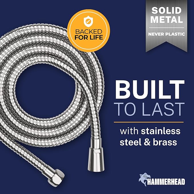 HammerHead Showers® Solid Metal 9 ft Shower Hose - CHROME – Extra Long 108” Attachment for Handheld Shower Head - Shower Hose Replacement