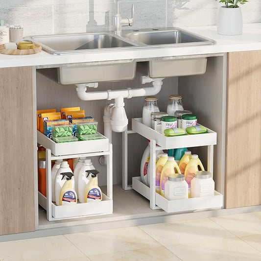 2 Pack Under Sink Organizer, Bamboo Wooden 2-Tier Pull-Out Storage with Sliding Drawers for Kitchen and Bathroom Cabinets, Easy Installation (White, 2 Packs)