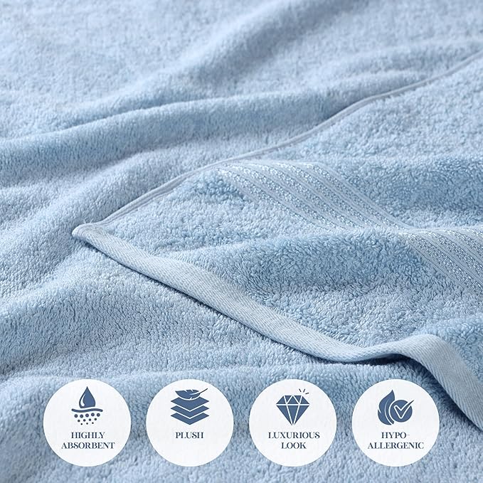 Superior Egyptian Cotton Bath Towel Set, Home Bathroom Towels, Master, Guest Bath, Decor Essentials, Quick Dry, Absorbent, Large Body Towels, Spa, Hotel, Resort, Adult, Kids, Set of 2, Light Blue