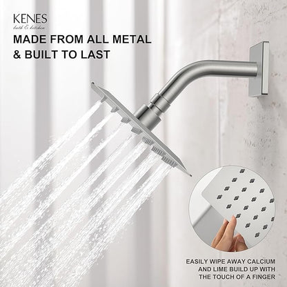 KENES Brushed Nickel 6-Inch Shower Head and Handle Set, Square Shower Faucet Set Bathroom Rainfall Shower System Wall Mount, KE-6025B (Shower Valve Included)
