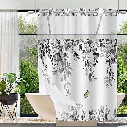 No Hook Shower Curtain and Liner Set, Grey Eucalyptus Floral Shower Curtains for Bathroom, Bath Curtain Sets with Snap in Liner, Waterproof with See Through Top Window, 71x74 Inches