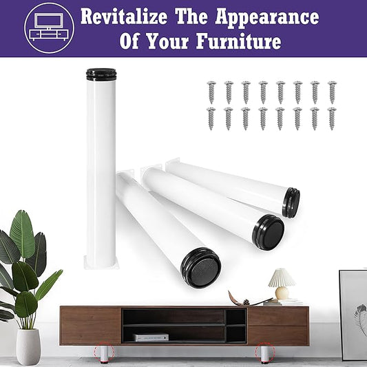 16 Inch Metal Furniture Legs Stainless Steel Adjustable Legs White Metal Legs Round Cabinet Legs for Coffee Table Cabinet Desk Sofa Shelves, Pack of 4
