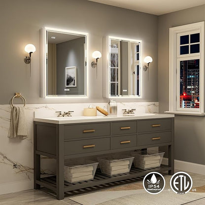 24x32 Lighted Medicine Cabinet with Beveled Mirror & Clock, Surface or Recessed Mirrored Medicine Cabinet with Dimmable Light Anti-fog, Built-in Sensing Light & Outlet, Soft-Close Right Hinge