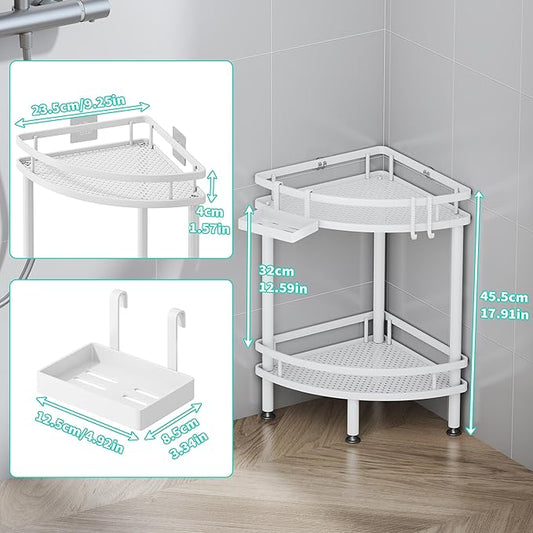 HapiRm Standing Corner Shower Caddy - 2 Tier Shower Organizer Corner with Soap Holder and 4 Hooks, Rustproof Bathroom Storage Shelves with Adhesives, White