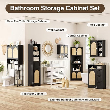 67"H Bathroom Storage Cabinet with Rattan Doors and Slide Storage, Tall Narrow Standing Tower Cabinet with Adjustable Shelves, Small Bathroom Floor Organizer for Entryway, Kitchen, Black